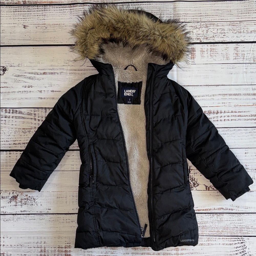 Lands' End Black Quilted Jacket with Faux Fur Trim